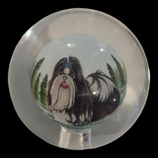 Reverse Painted Crystal Ball Globe Shih Tzu Signed Shao Xuan 6/502 Paperweight 