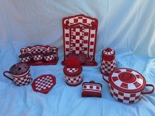 8 ANTIQUE VINTAGE LUSTUCRU RED WHITE ENAMELED KITCHEN UTENSILS