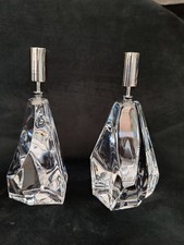 Pair of Crystal Candle Holders Signed Daum France - Modern Geometric Design