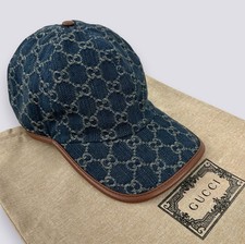 Gucci GG Monogram Denim Leather Trim Baseball Cap Hat Navy Blue Size M