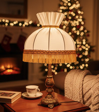 Lampe de Table Vintage Laiton Doré – Abat-Jour Plissé Ocre/Crème Style Parapluie