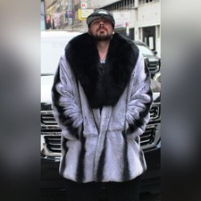 Men Chinchilla Outwear Winter Natural Rex Rabbit Fur Coat Real Fox Fur Lapel New