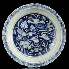 8,8 "bleu blanc porcelaine lotus fleur oiseau motif plaque de plateau