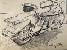 Très Beau Dessin Fusain Papier Design Moto Collection Art 1950 A Identifier