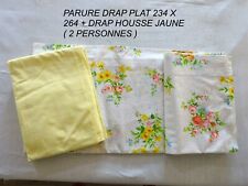 PARURE DE LIT DRAP PLAT 2 PERS BLANC FLEURIE VERT & JAUNE + DRAP HOUSSE JAUNE