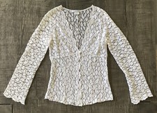 Lace Jacket Bolero Single Button Papillon Blanc Sheer Wedding Romantic Sz M/L