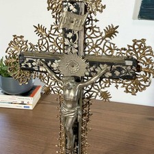 Antique 19th Century Wood and Gilded Metal Crucifix - Silver Christ and Decorated Base