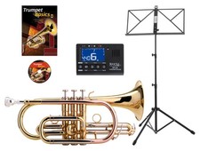 Cornet à Pistons en Sib de Trompette Laiton Doré Embouchure Coffre Set Pupitre