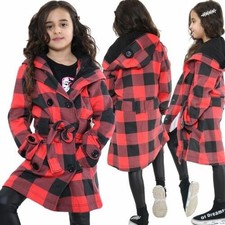 Enfants Filles Paletots Capuche Fashion Manteaux Revers Rouge Carreaux Rembourré