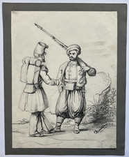 Soldats Zouave DESSIN ORIGINAL Militaria Oriental COSTUME XIX°