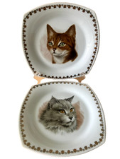 2 Assiettes décoratives carrées chat porcelaine de Limoges vintage retro 23.5 cm