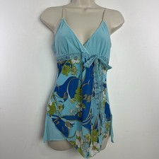 Y2K Babydoll Cami Tank Top Womens Small Blue Floral Fairy Grunge Boho Asymmetric