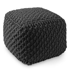 OPEN BOX - Square Cotton Pouf Ottoman, Black - 18.5 x 18.5 x 14.5 Knit Foot