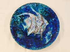 Large ceramic dish VINTAGE blue fish decor year 50/60 dlg P-R LUCAS