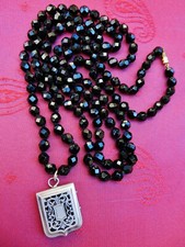 Antique JAIS PEARLS FACETED FRENCH NECKLACE & SILVER CREST PENDANT niel plated