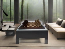 Échiquier élégant : bord en bois avec marbre rouge/onyx & corail 30x30 cm.