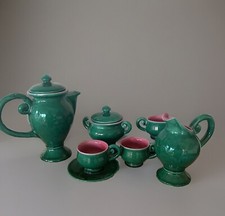 Vallauris Style Green And Pink Coffee Set Coffee Maker Pot Milk Sugar Bowl 2 Cups