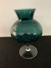 Dark Turquoise Blue Crackled Glass Blown Vase