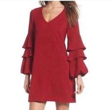 Women's Charles Henry Ruffled Pouf Sleeve V-Neck Shift Dress Red Size S New 7292