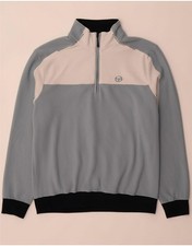 SERGIO TACCHINI Mens Zip Neck Fleece Jumper Large Blue Colourblock DY17