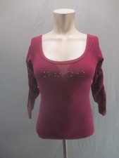 Bebe Size S Womens Bordo Cotton Blend Logo Beaded Round Neck 3/4 Sleeves Top 339