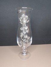 GLASS VASE STANDING WITH DECORATION OF A BEAUTIFUL PEWTER ROSE, H 25 CM