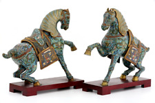 Pair of Bronze Prancing Horses and Partitioned Enamels CHINA Antique Chinese Object