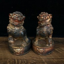 3.9" Antique temple Tibetan Buddhism dynasty bronze gilt foo dog lion statue