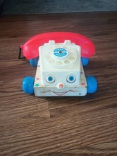 Fisher Price 1961 Vintage #747 Chatter Phone Rotary Telephone Pull Toy, Wooden