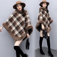 Luxe Femme Fausse Fourrure Châle Poncho Polaire Doublé Cape Drapé Chaud Carreaux