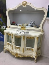 Vitrine Mobile Avec Miroir Style Baroque Crédence Ivoire Et Or L 160 Cm AL626