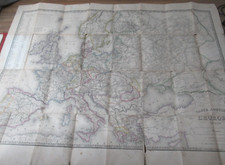 LARGE ROAD MAP OF EUROPE CITIES 1866 colors signed GERMAN + CASE