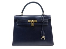 VINTAGE SAC A MAIN HERMES KELLY 28 SELLIER 1959 EN CUIR BOX BLEU NAVY HAND BAG