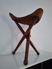  Antique Vintage Folding Tripod Stool, Oak Wood & Leather Triangle Tripod