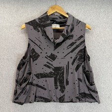 Chalet Womens Size XL Gray Sleeveless Cowl Neck Top Abstract Black Print Pockets