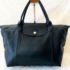 Longchamp Le Pliage Cuir Tote Bag Black All Leather Handbag Foldable Authentic