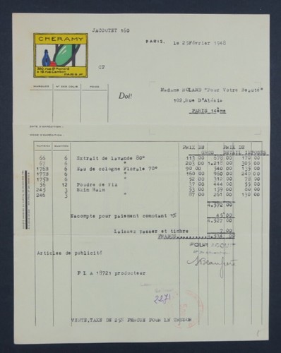 Facture 1948 parfumerie - facture,