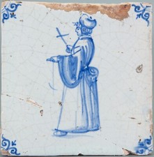 Nice Dutch Delft Blue tile, priest, 17th century.