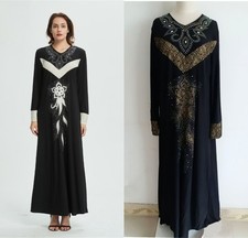 New Women Abaya Dress Fashion Beads Print Full Sleeves Kaftan Casual Long Dress