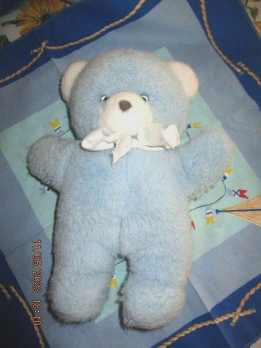 Doudou peluche ours bleu blanc - doudou,