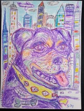 Tableau chien rottweiler Joyeux Ville Building Dog  21x28cm/feuille signé S.dez