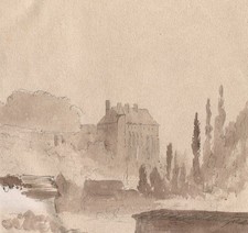 Château dans un paysage -  Dessin original ancien au lavis
