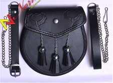 Sporran En Cuir Embossé À Chardon Avec 3 Franges Sporran Double En Cuir Embossé