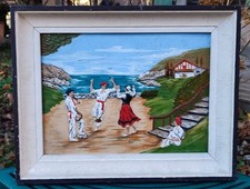 ANCIEN TABLEAU SOUVENIR PAYS BASQUE PEINT AVEC RELIEF DANSEURS 43,5 X 34,5 CM