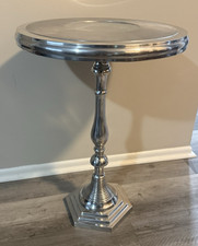 17" Silver Round Metal Pedestal Accent Table Decor Side Steel - 25" Tall