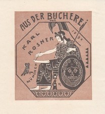 Exlibris Livre D'Art Klischee Karl Rosner Femme Antique Hibou