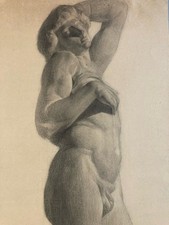 Large Beautiful Academic Drawing Art Pencil 1910 Man Nude Portrait Antique Portrait