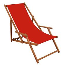 Chaise longue de jardin, bain de soleil pliant, bois massif, tissu rouge