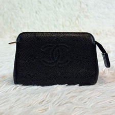 Chanel Calf Skin Leather Pouch Coco Mark Black Gold Auth 0169