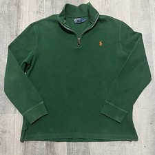 VTG Polo Ralph Lauren Sweater Green 1/4 Zip Green Knit Orange Pony Pull Over L